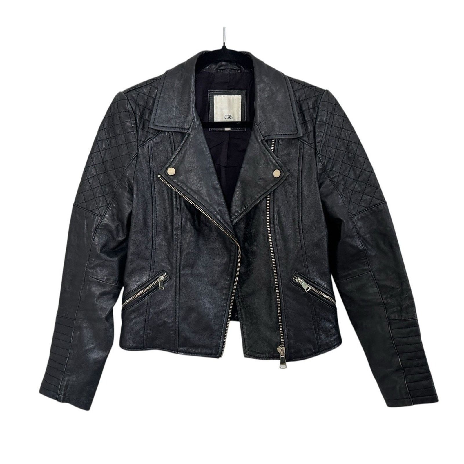 Vintage RIVER ISLAND Quilted Leather Moto Biker Black Jacket