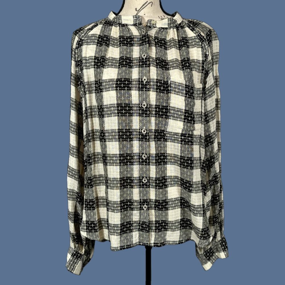 Vintage VINTAGE Pilcro Anthropologie Shirt Womens XL Black Plaid Ruffle Collar Long Sleeve Button-Front Knit Lightweight All Seasons Womens XL Size XL / US 12-14 / IT 48-50 - 1 Thumbnail