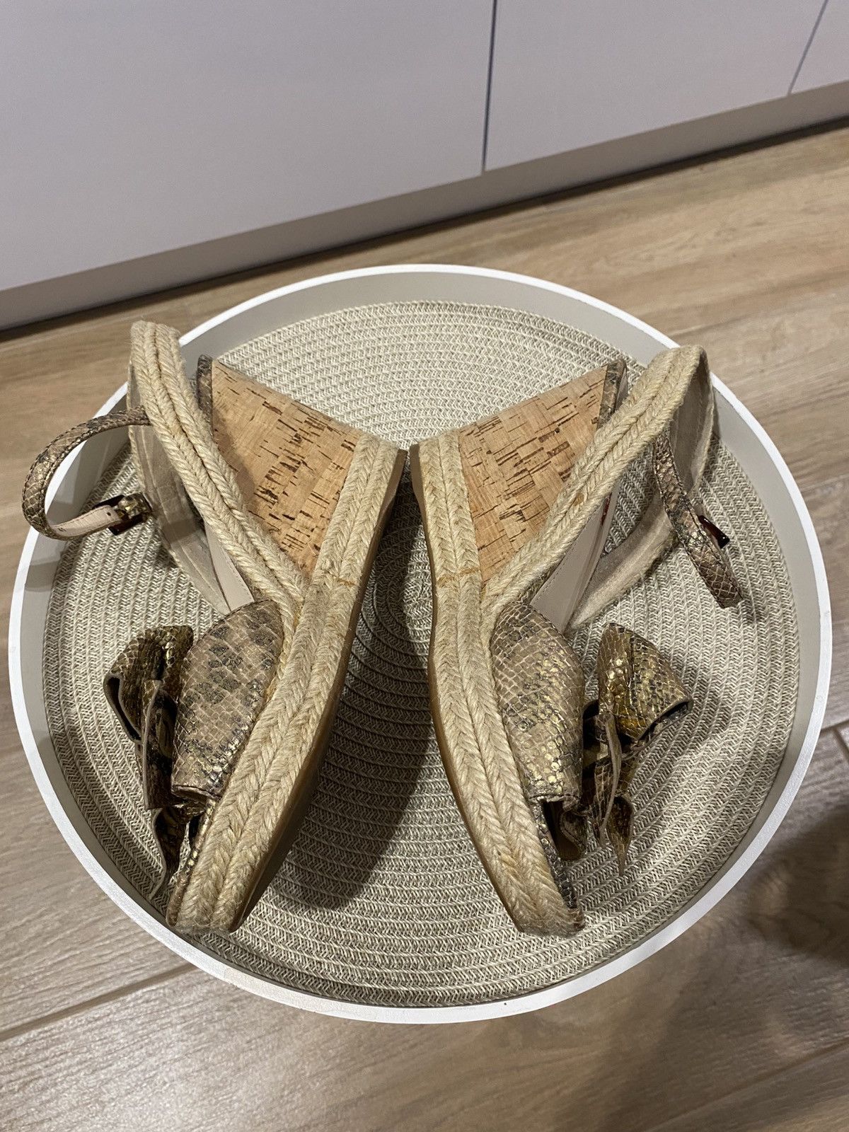 Prada Prada Bow Sandals with Ankle Strap Gold Snakeskin Leather Size US 11 / IT 41 - 11 Thumbnail