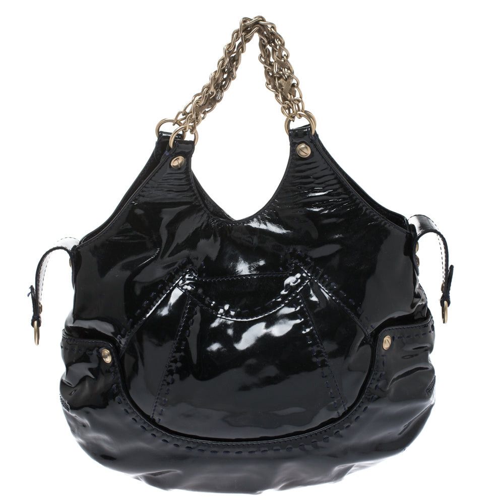 image of Versace Black Stitches Patent Leather Chain Shoulder Bag, Women's