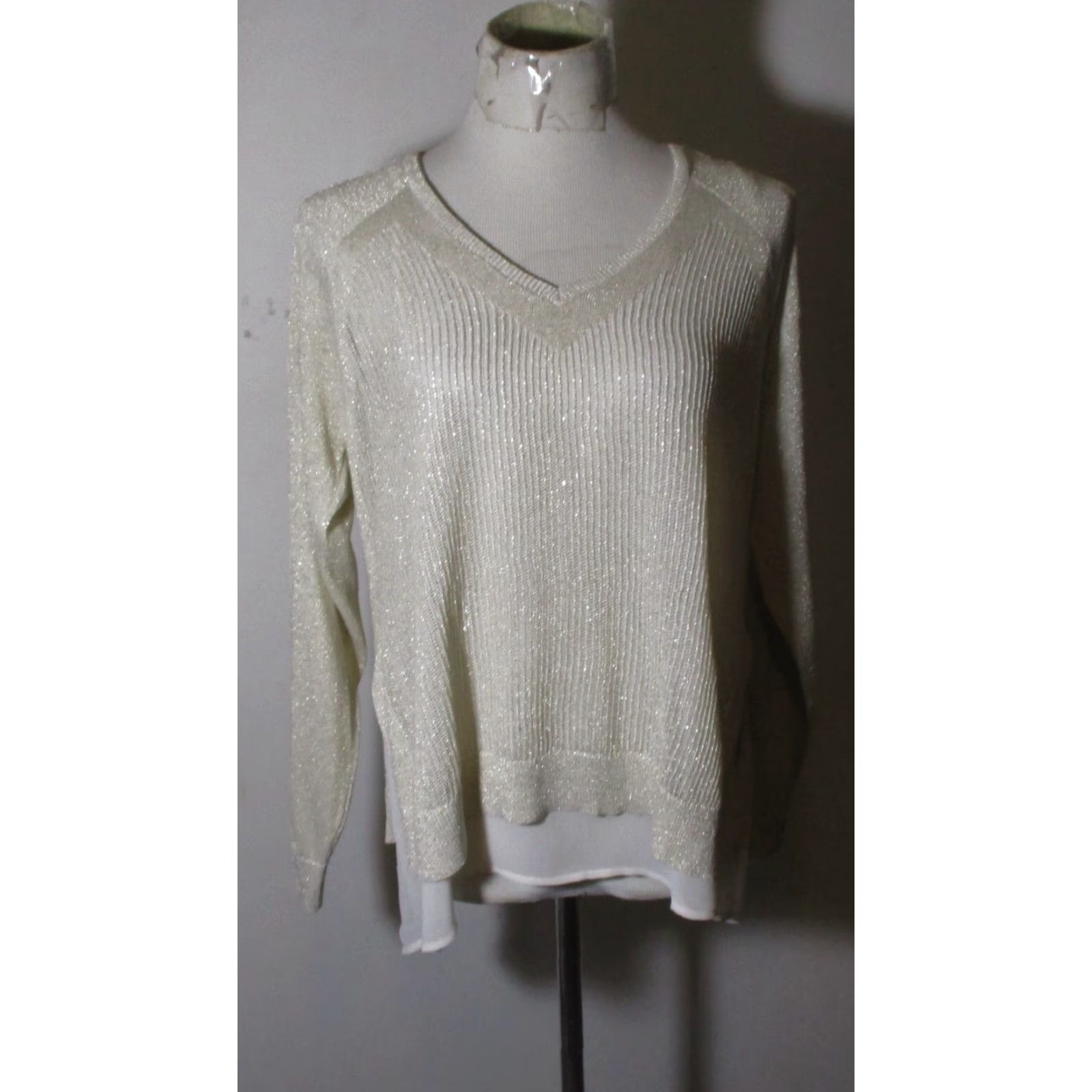 Lucky Brand LUCKY BRAND Beige Layered Metallic Long Sleeve Top L Shirt Top Women Adult L Beige Metallic Layered Top Size L / US 10 / IT 46 - 2 Thumbnail