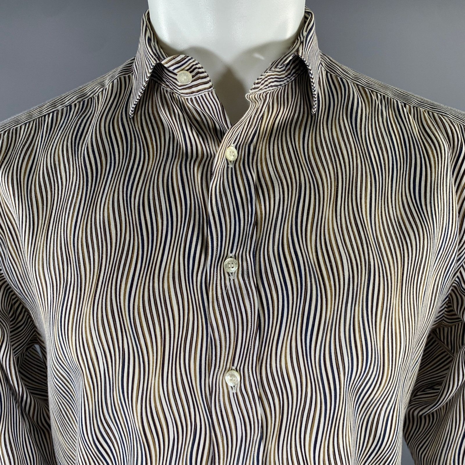 Etro ETRO Size M White Blue Olive Stripe Cotton Long Sleeve Shirt Size US M / EU 48-50 / 2 - 2 Thumbnail