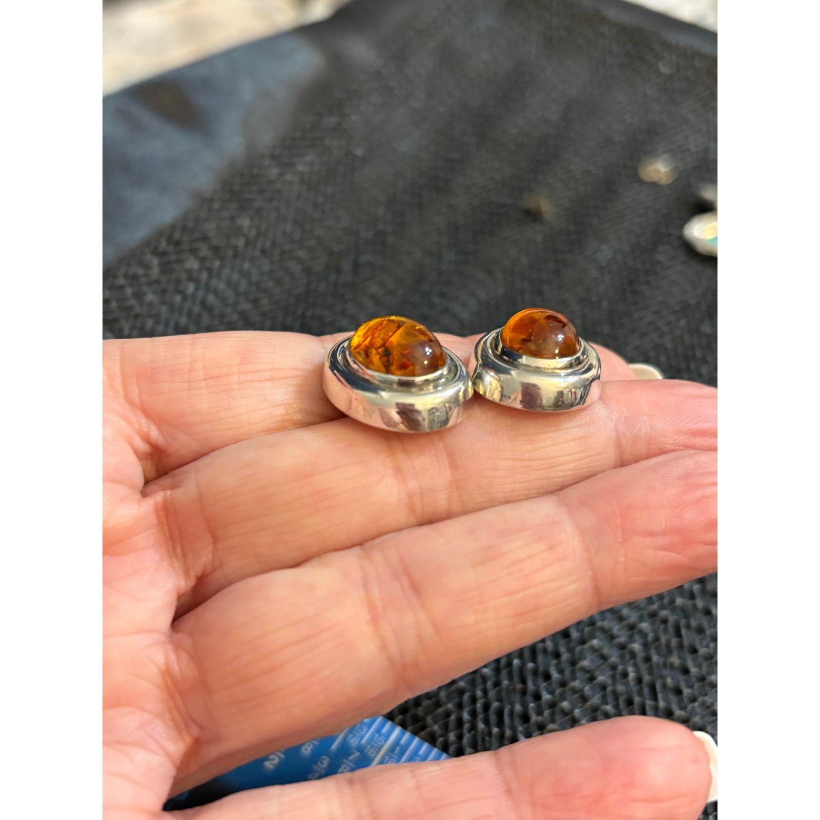 Other Vintage Genuine Amber Sterling Silver Stud Earrings 0.75" Size ONE SIZE - 4 Thumbnail