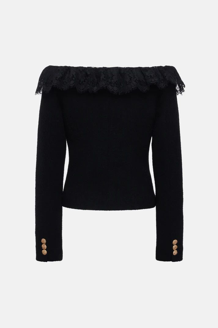 Alessandra Rich o1s22i1n0225 Off-shoulder Tweed Blazer in Black Size S / US 4 / IT 40 - 2 Thumbnail