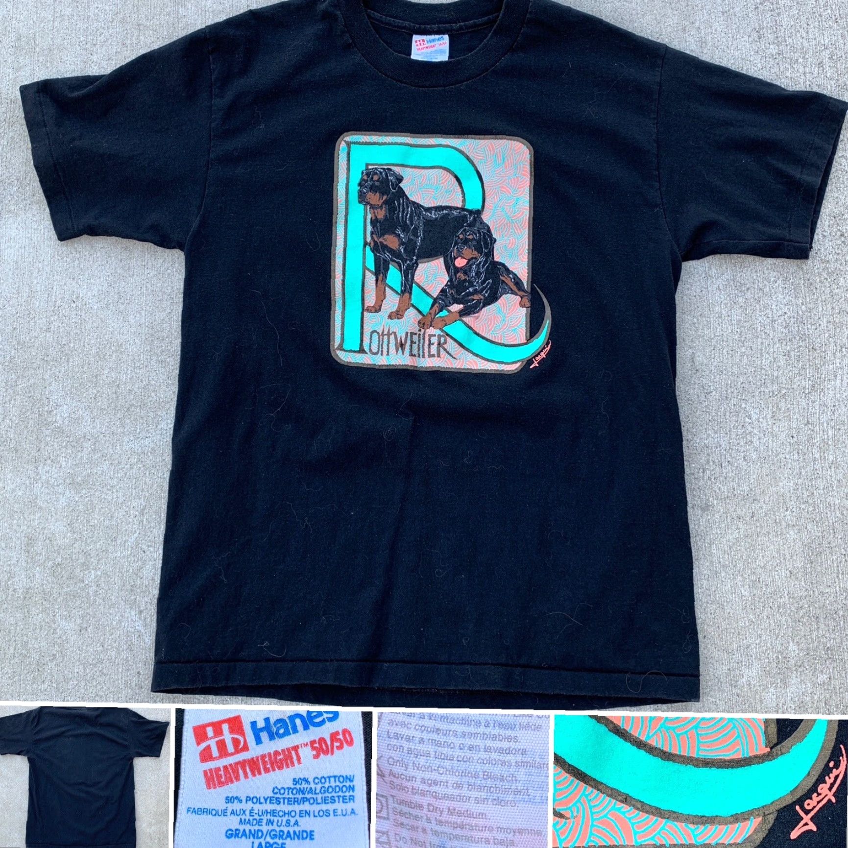 Cottweiler VINTAGE Rottweiler Dog T Shirt 90s 1990s Hanes Heavyweight 50/50 Mens L Black Short Sleeve Crew Neck Dog Graphic Print Clothing Size US L / EU 52-54 / 3 - 2 Thumbnail