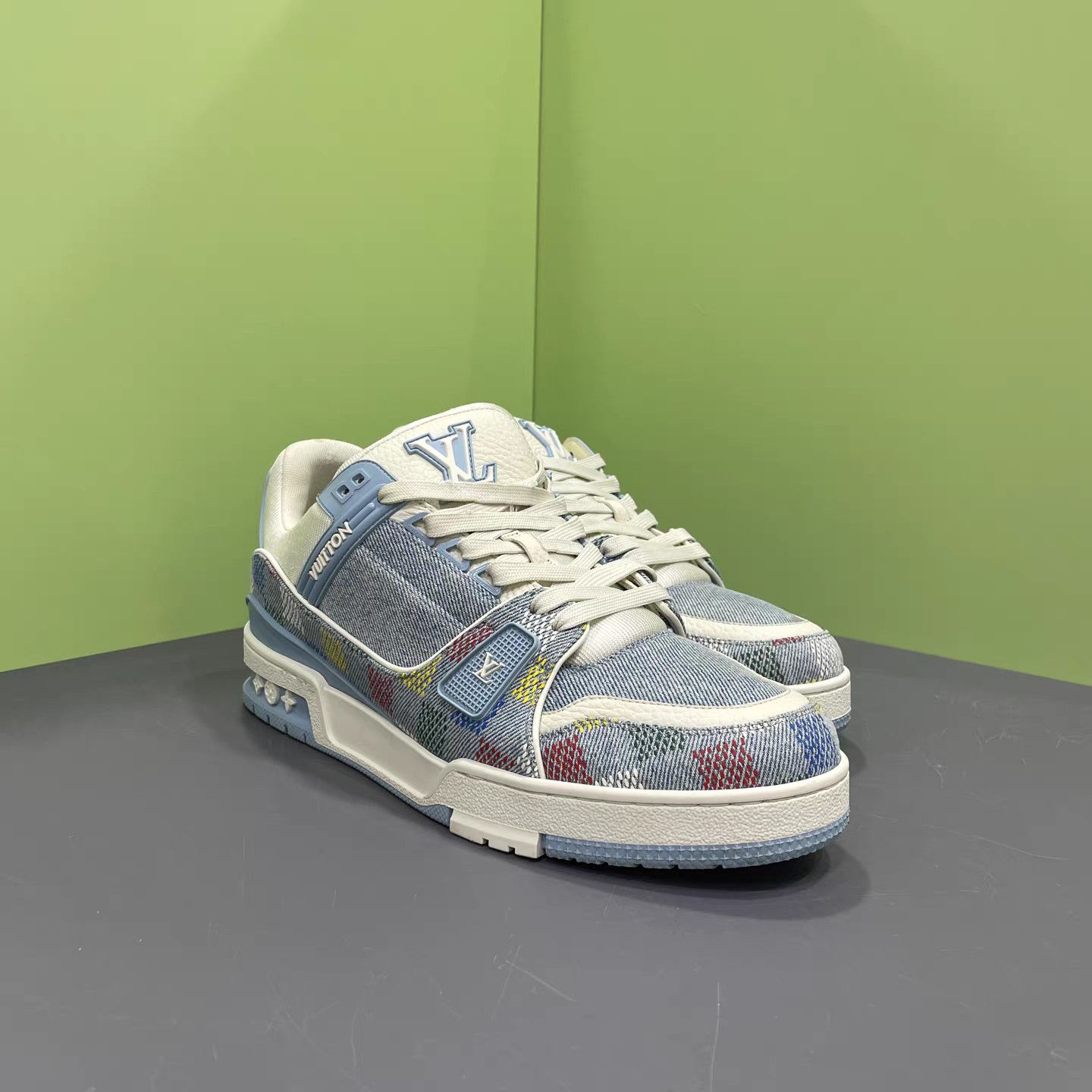 Louis Vuitton LOUIS VUITTON LV Trainer White & Blue Damier Denim K15 Size US 8 / EU 41 - 3 Thumbnail