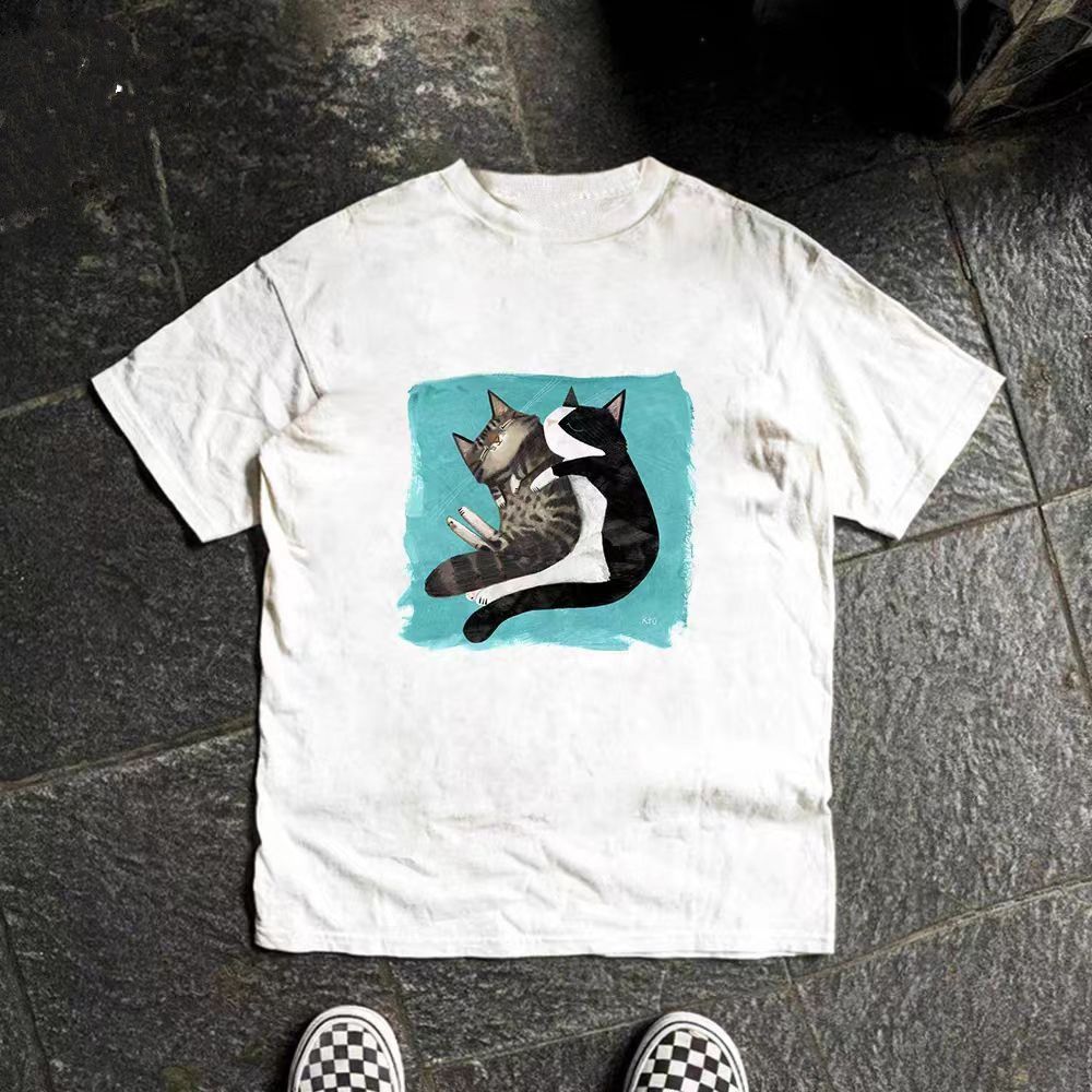 Vintage White street casual retro cat print t-shirt Size US M / EU 48-50 / 2 - 1 Thumbnail