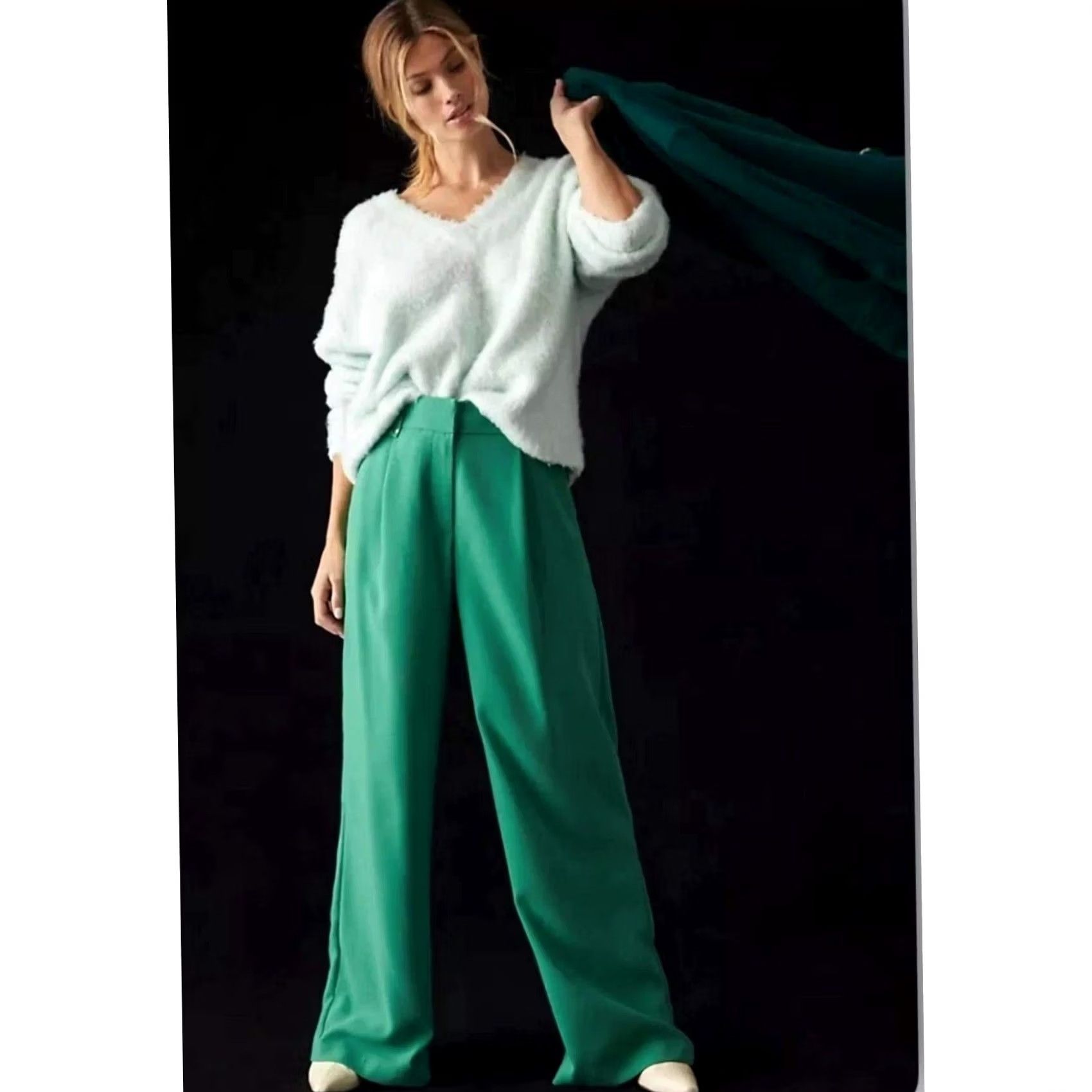 Vintage Maeve Anthropologie Plush V-Neck Sweater Oversized Shaggy XS Mint Green Women Size XS / US 0-2 / IT 36-38 - 2 Thumbnail