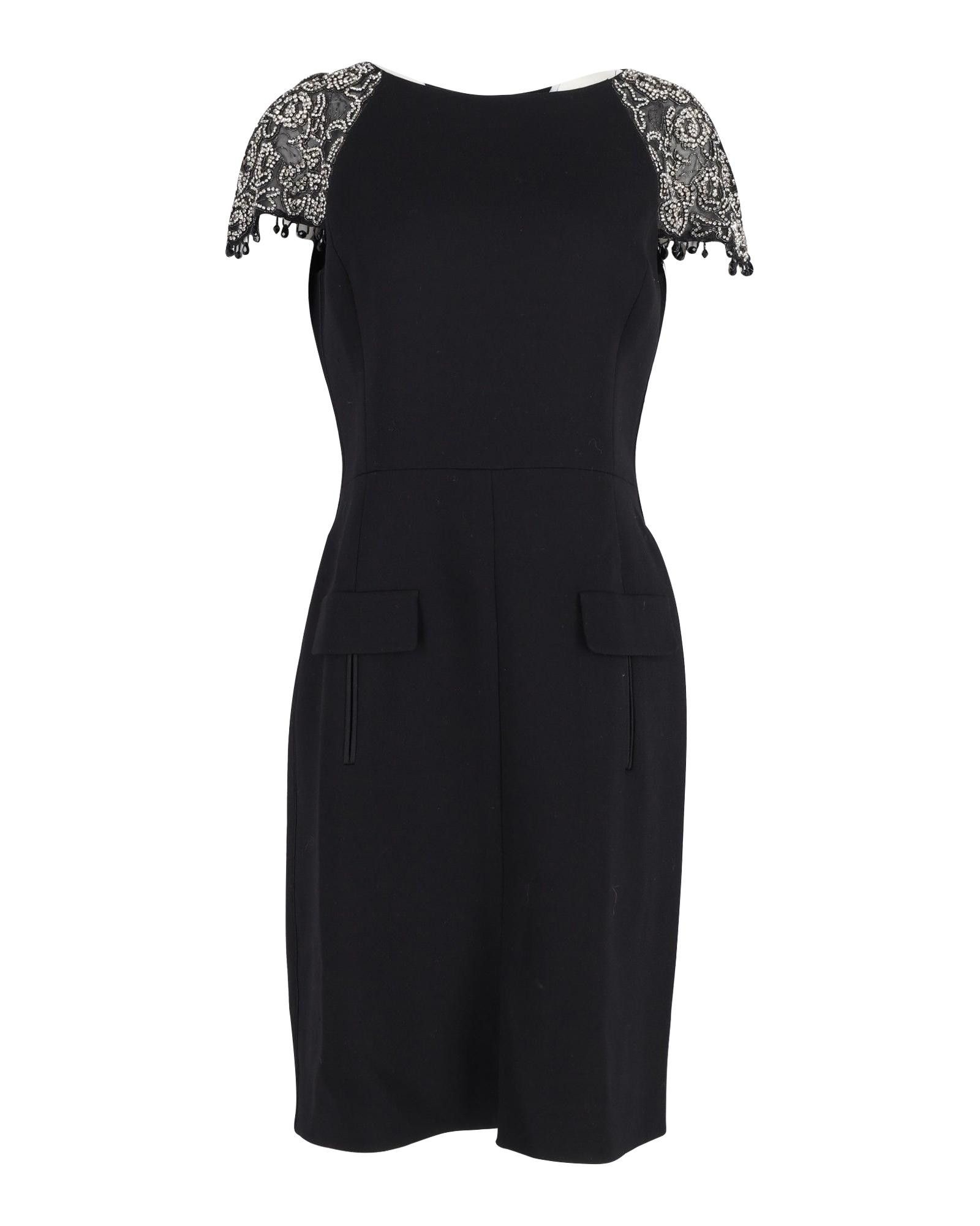 image of Oscar De La Renta Crystal-Embroidered Black Wool Fit-And-Flare Dress, Women's (Size XL)