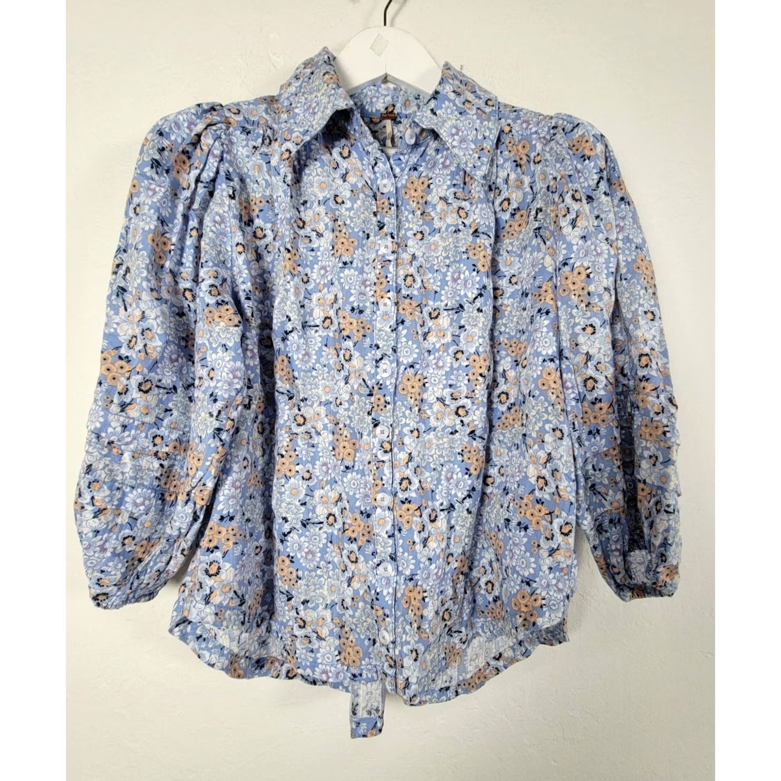Free People Free People Women Floral Button-Up Puff Sleeve Blouse Small Light Blue Cotton Shirt Womens Size S / US 4 / IT 40 - 2 Thumbnail