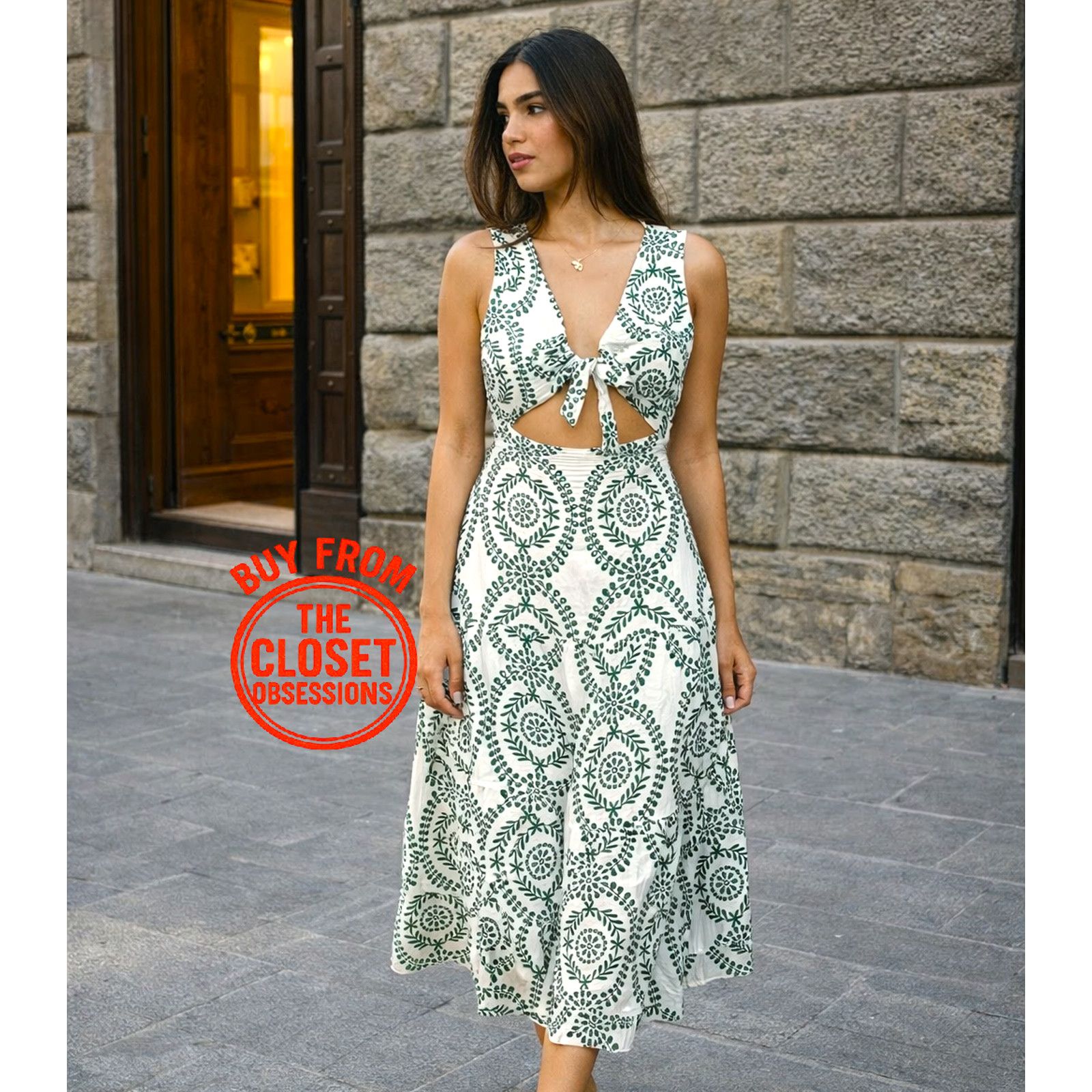 ZARA Blogger Fave Midi Dress Front Knot NWT Green White
