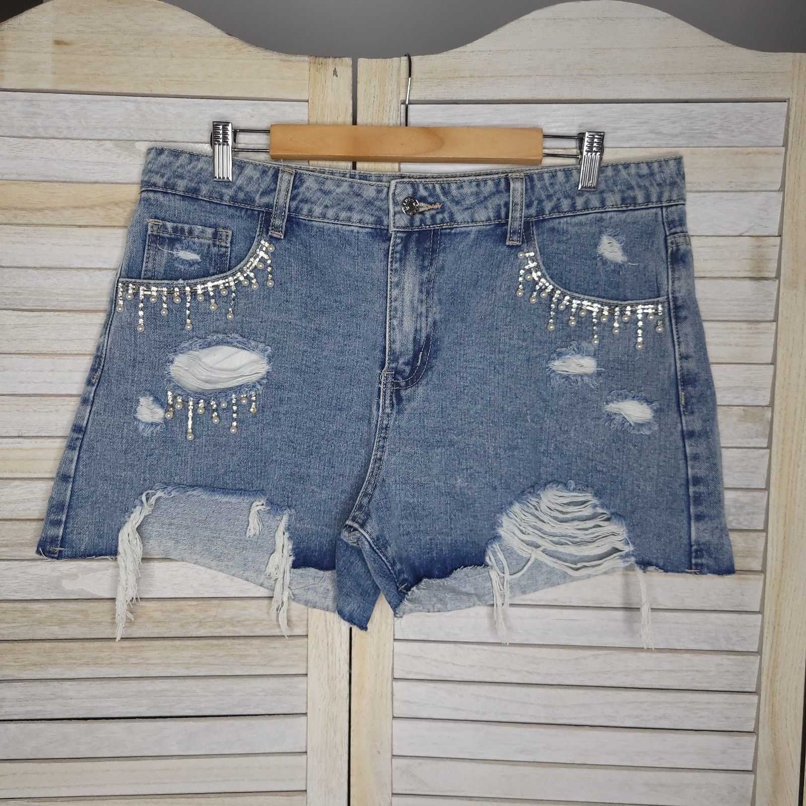 Other Denim Rhinsestone High Waist Shorts Size 16 Denim Cut Off Size 38" / US 16 / IT 52 - 4 Thumbnail
