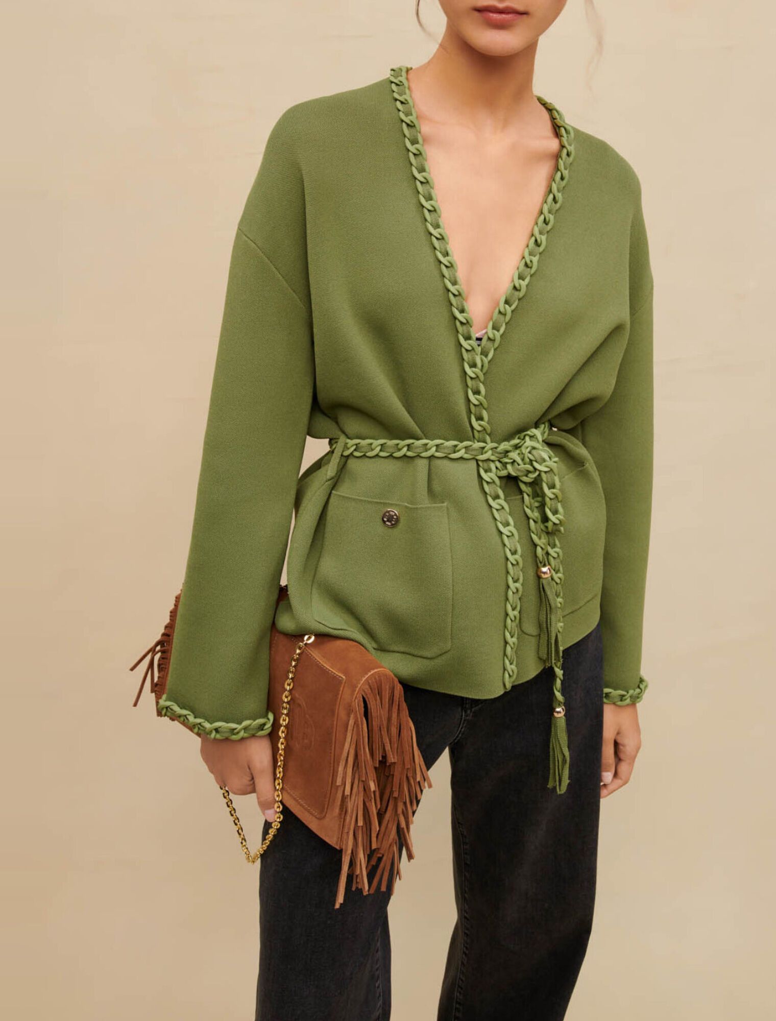 Maje Maje Green Cardigan with Braided Trim Size 3/L Size L / US 10 / IT 46 - 2 Thumbnail