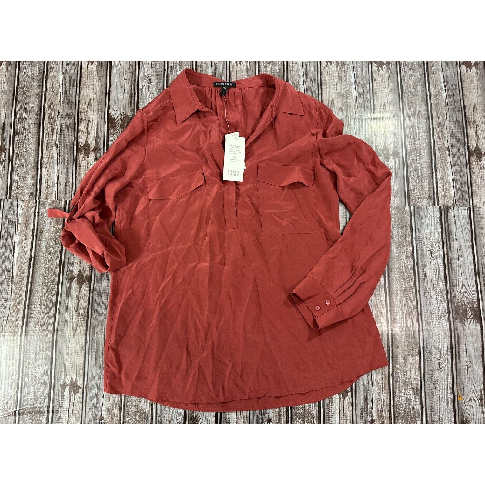 Eileen Fisher Eileen FISHER Silk Roll Tab Sleeve top blouse Dusty Red sz M Size M / US 6-8 / IT 42-44 - 1 Thumbnail