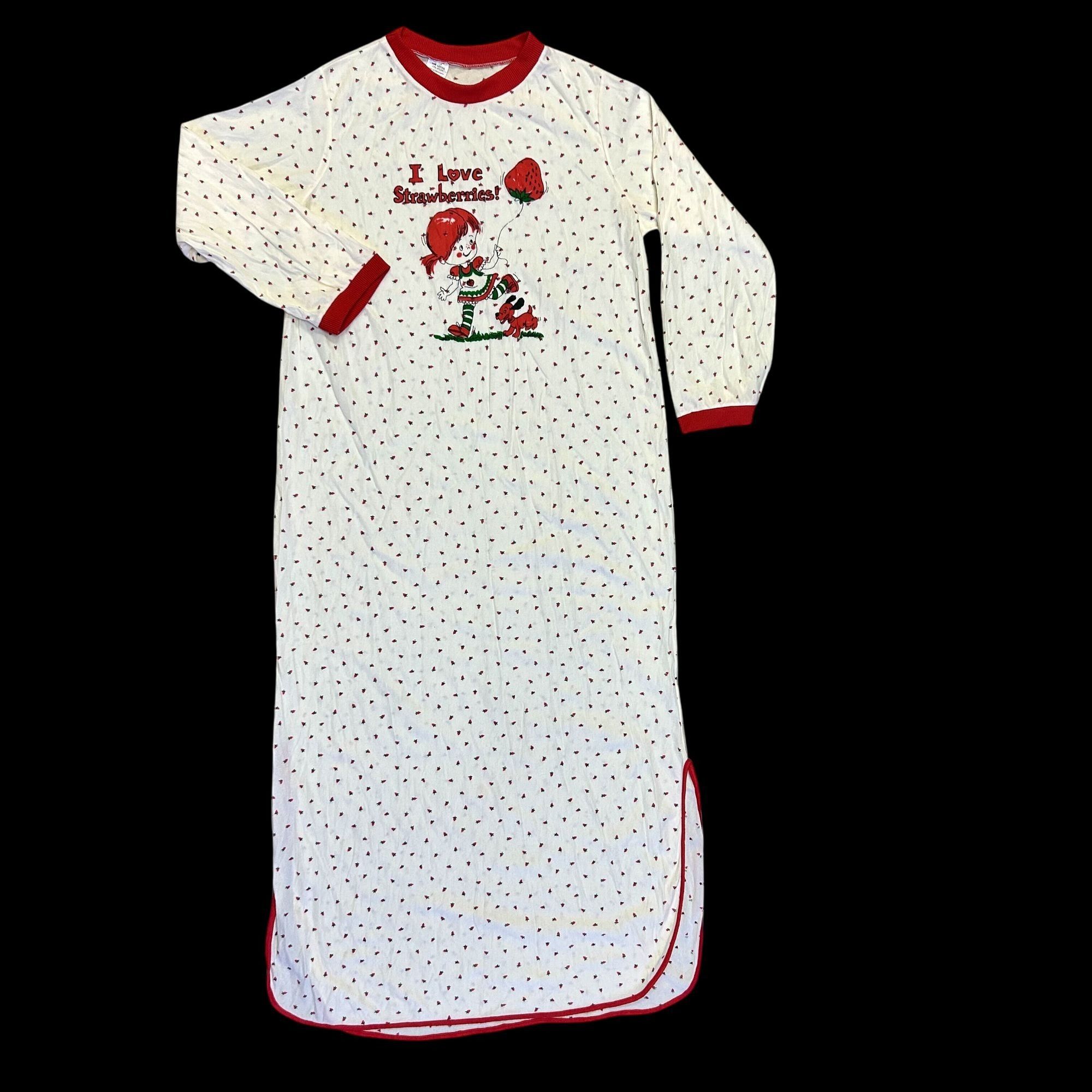 Other Vtg 80 90's I LOVE STRAWBERRIES Nightgown Soft Ringer Gown Size L / US 10 / IT 46 - 1 Thumbnail