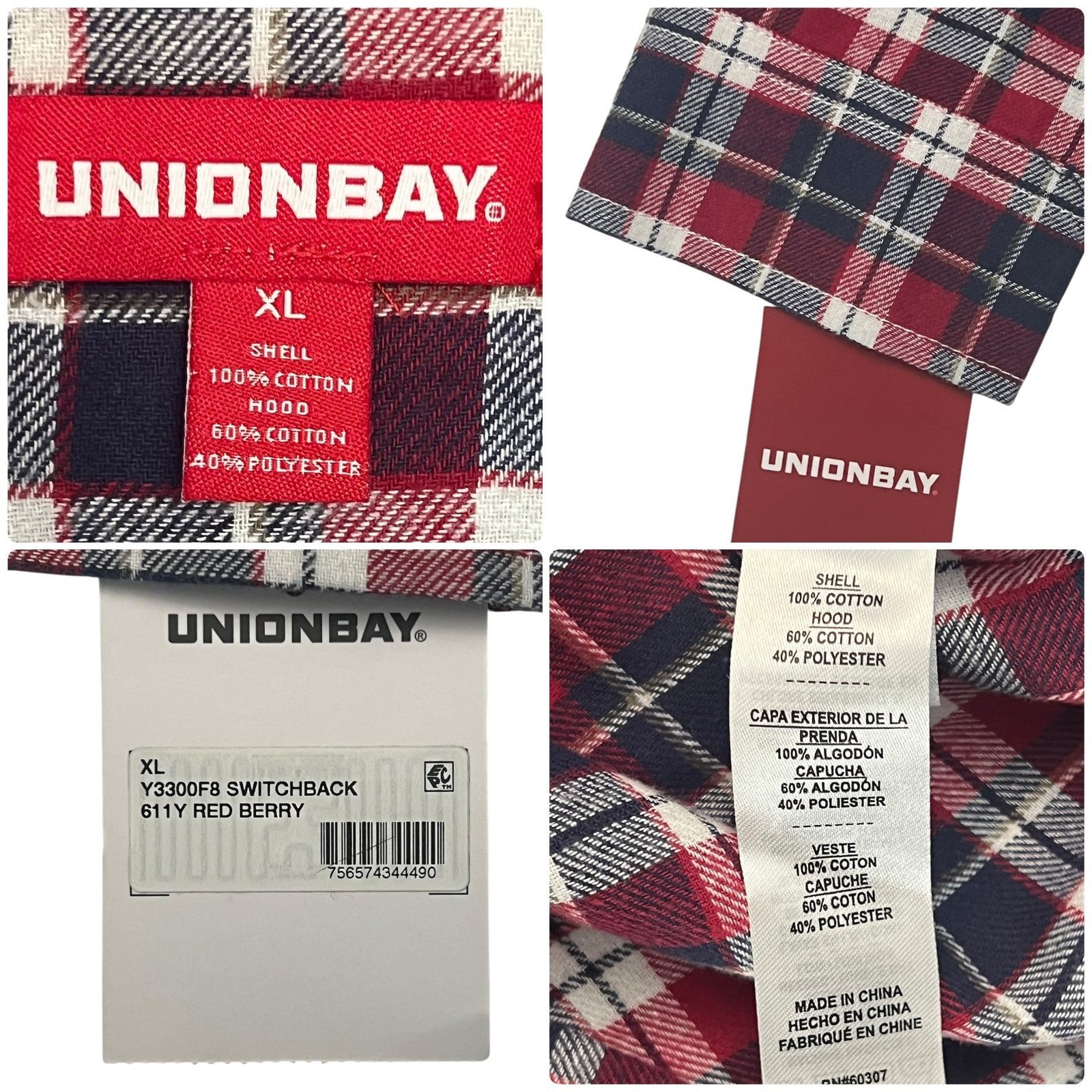 UNIONBAY UNIONBAY Men’s XL Flannel Shirt Hoodie Red Plaid Button Down Size US XL / EU 56 / 4 - 6 Thumbnail
