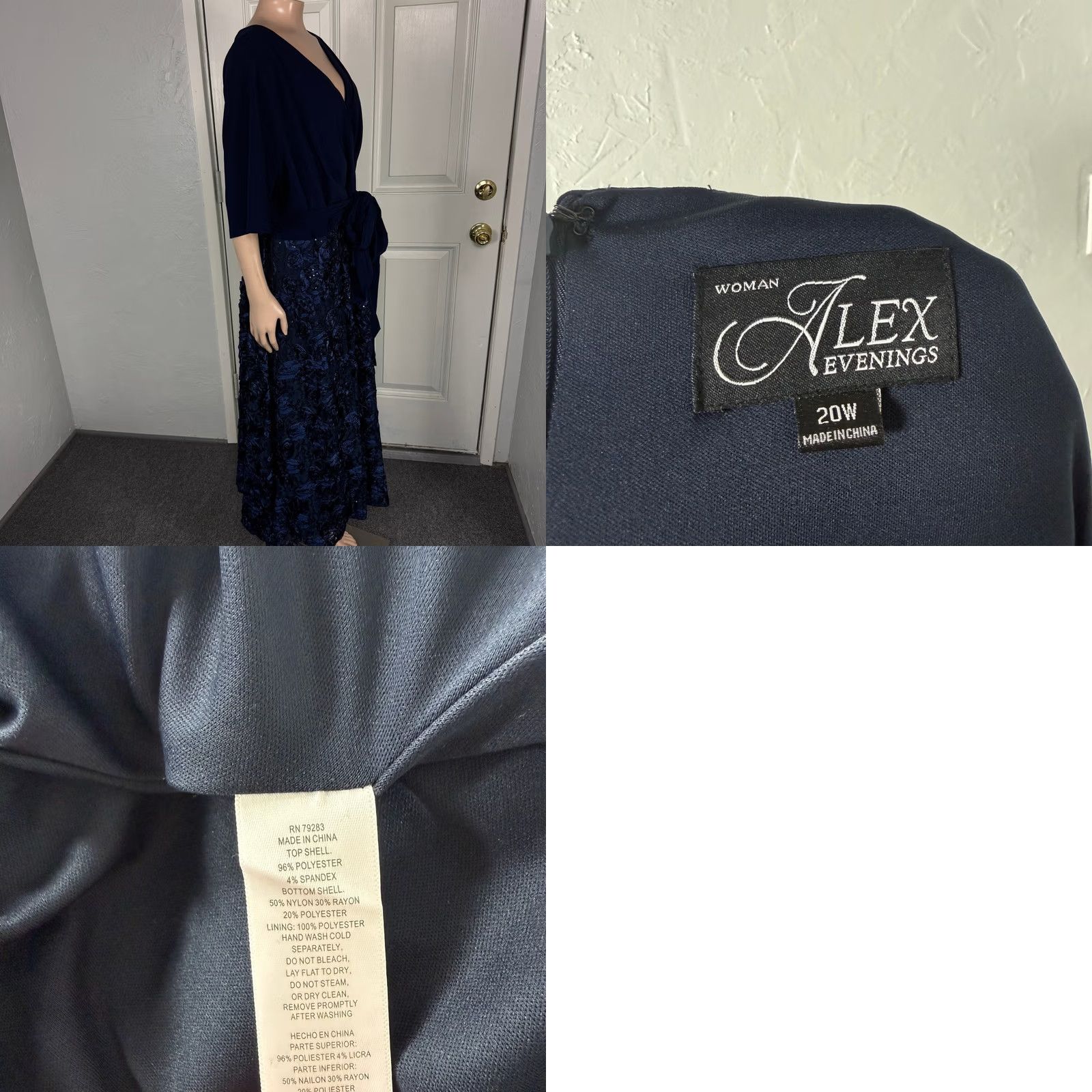 Alex Evenings Alex Evenings Dress Women's Plus 20W Knit Midi Navy Blue Sequin V-Neck 3/4 Sleeve Pullover Fit & Flare Casual Formal Size 3XL / US 20-22 - 8 Thumbnail