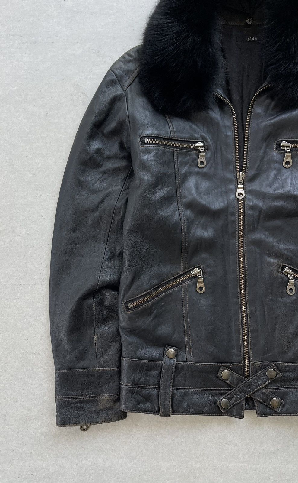 KMRii 🔥VINTAGE 2000'S AIMA FUR COLLARED BLACK BIKER LEATHER JACKET Size US M / EU 48-50 / 2 - 6 Thumbnail