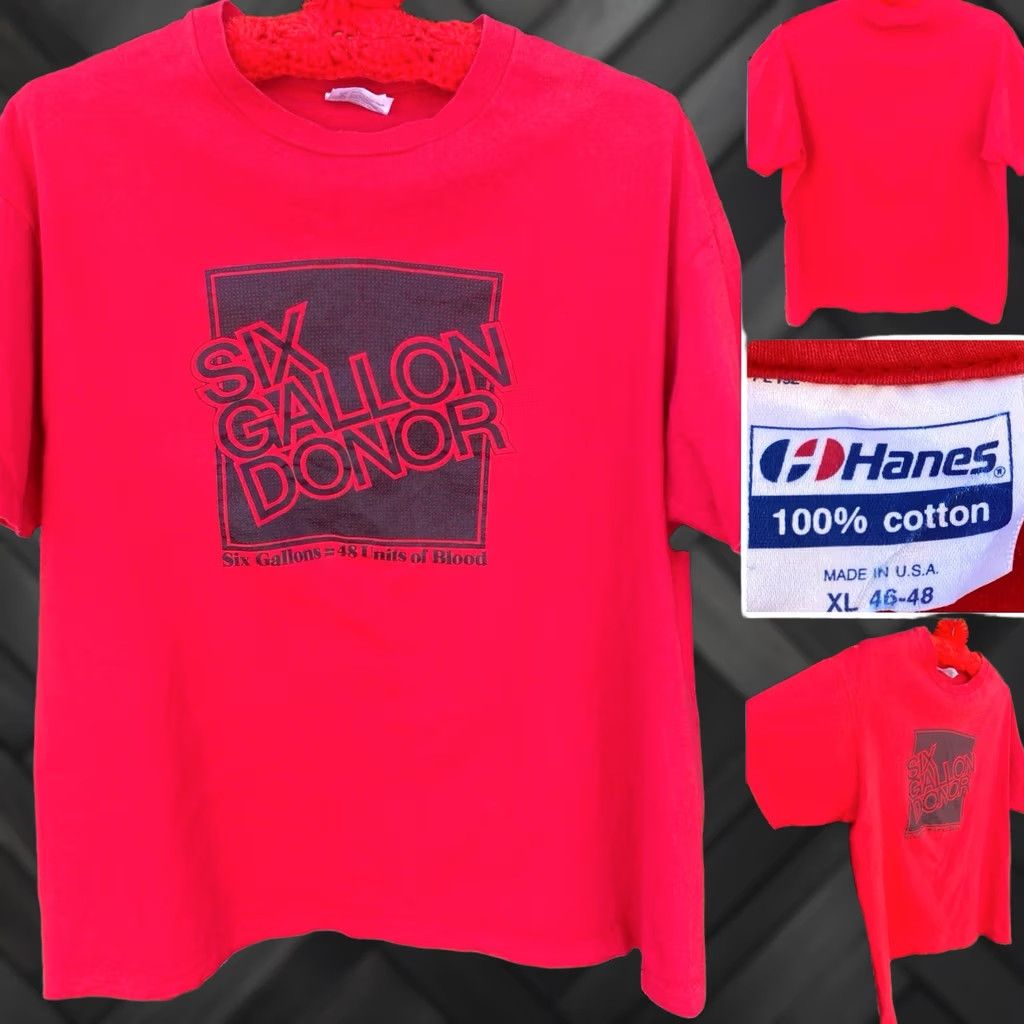 Hanes VINTAGE Hanes Six Gallon Donor T Shirt Red Graphic Print USA XL Blood Donation Crew Neck Short Sleeve Men Size US XL / EU 56 / 4 - 1 Thumbnail