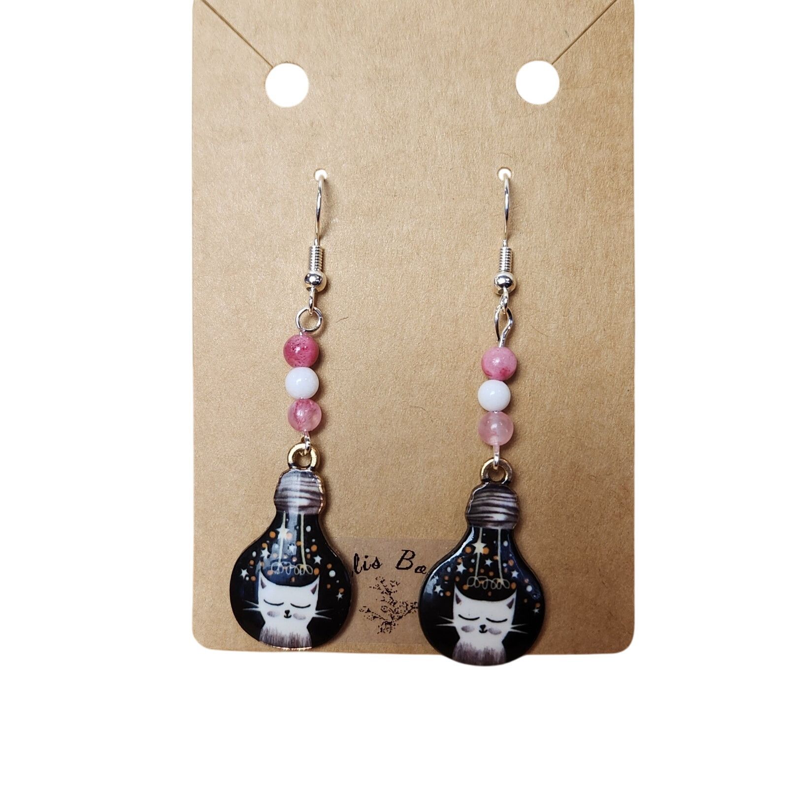 Other Handmade Cat Lightbulb Earrings Pink White Jade Beads Size ONE SIZE - 5 Thumbnail