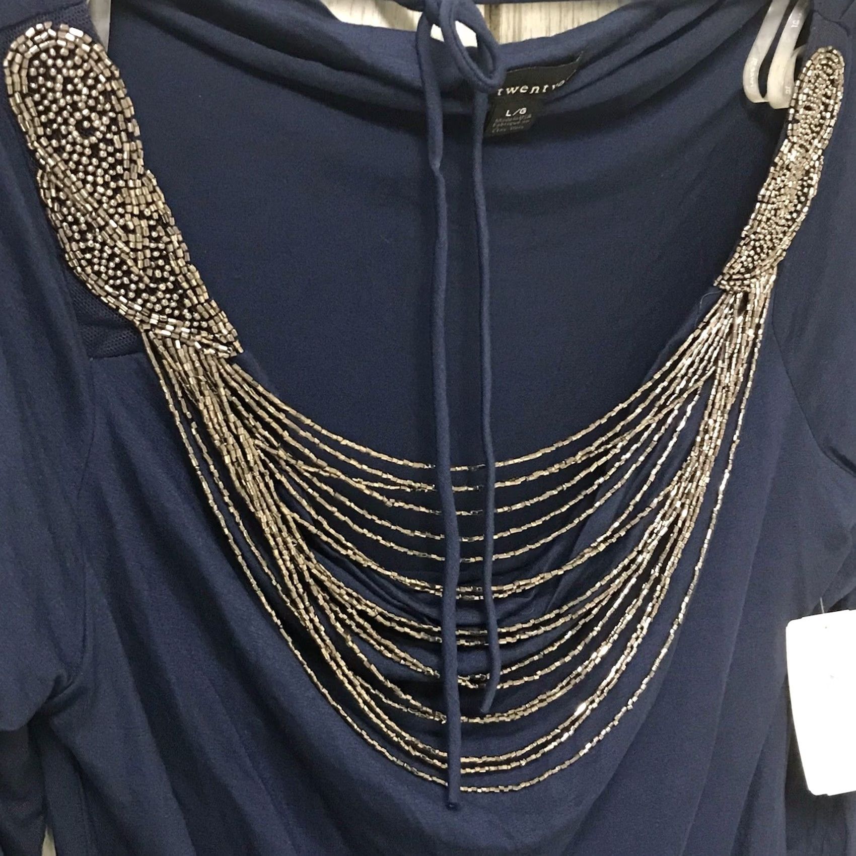 Vintage Twenty One Women Navy Blue Beaded Scoop Cowl Neck Long Sleeve Top Blouse L Size L / US 10 / IT 46 - 4 Thumbnail