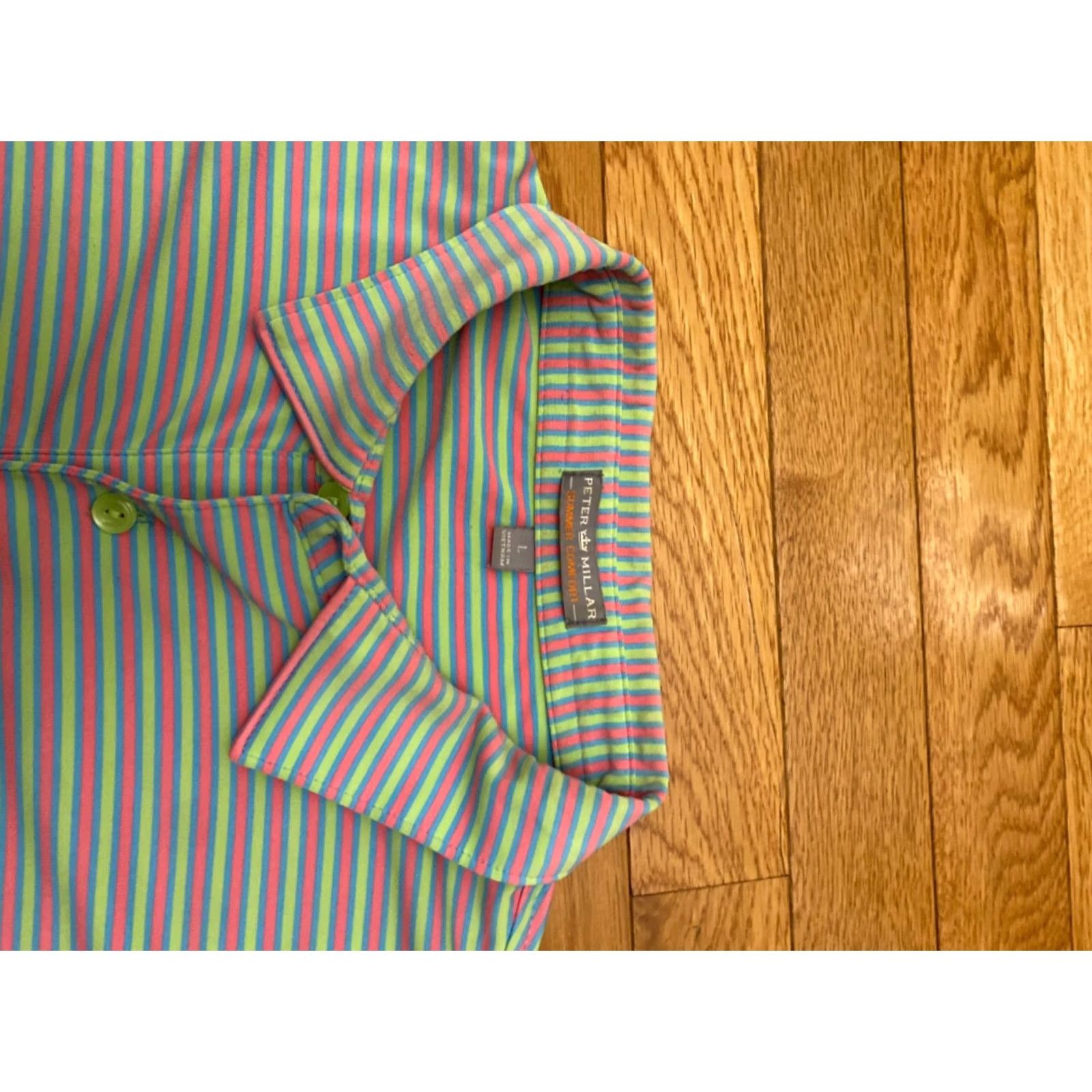 Peter Millar Peter Millar Summer Comfort Polo Golf Shirt Striped Stretch Sz Large Green Pink Mens Shirt Size US L / EU 52-54 / 3 - 3 Thumbnail