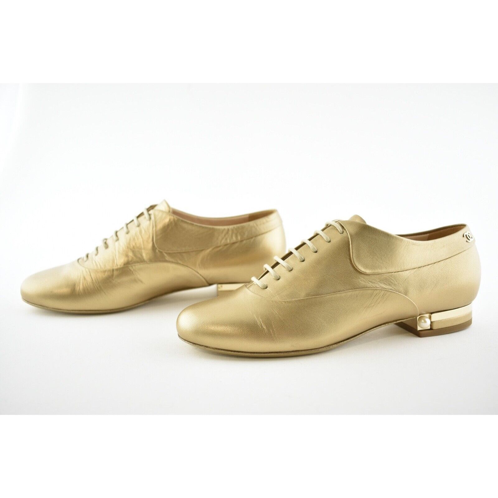 Chanel 15A Gold Lace Up Tie Leather Pearl CC Oxford