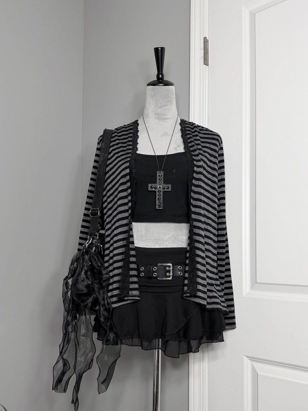 Other Mall Goth Black & Gray Striped Open Front Lace Trim Cardigan Size M / US 6-8 / IT 42-44 - 7 Thumbnail