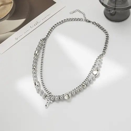 Jewelry Cross Double Layered Pearl Necklace Size ONE SIZE - 2 Thumbnail