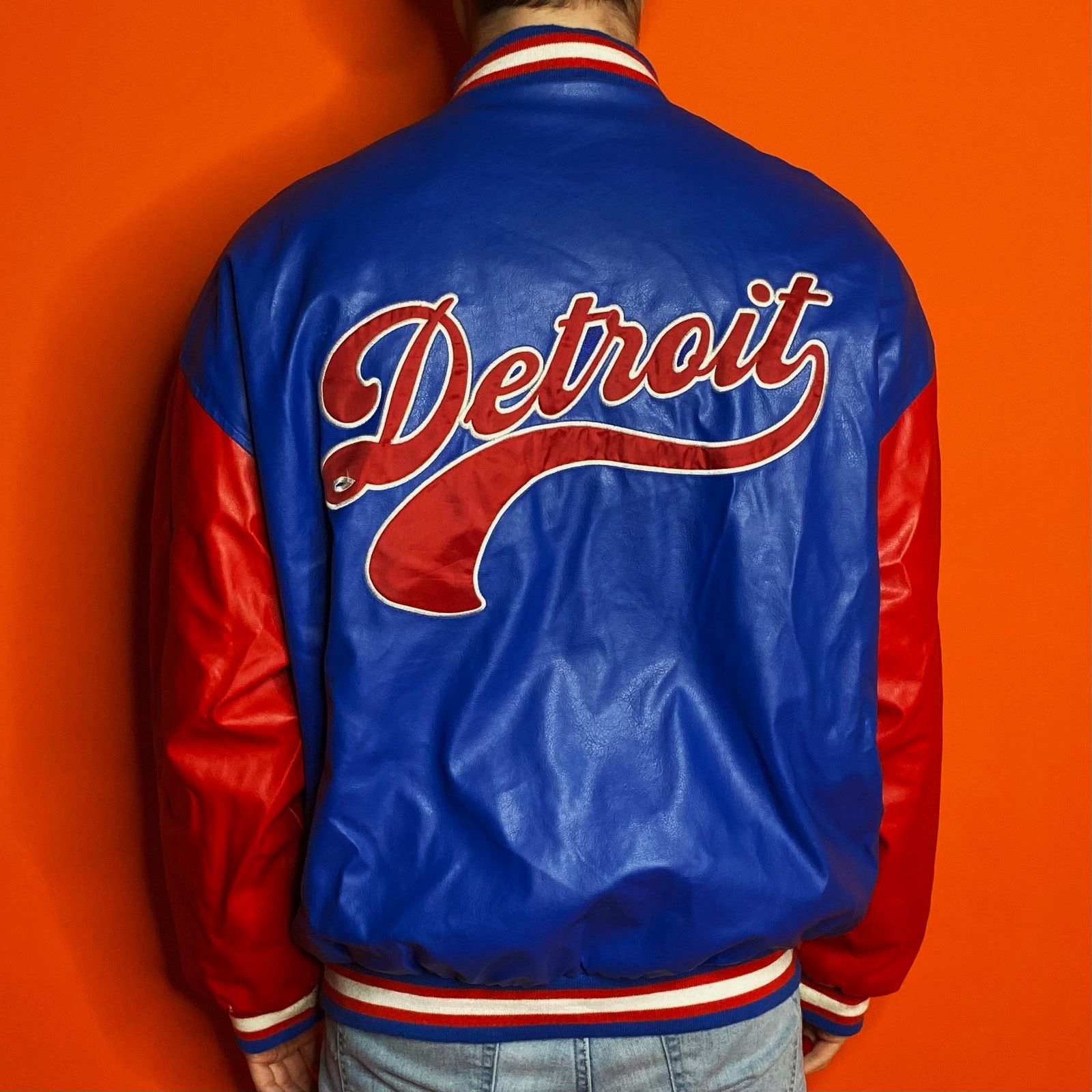 image of Steve And Barrys x Vintage Detroit Pistons Varsity Jacket Faux Leather 1990S in Blue (Size XL)