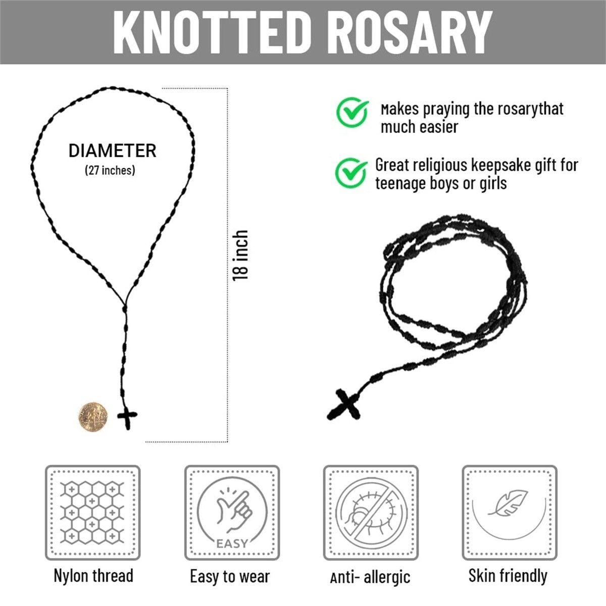 Designer × Jewelry × Vintage Handmade Knotted rosary with Cross Charm Black Rosary Size ONE SIZE - 3 Thumbnail