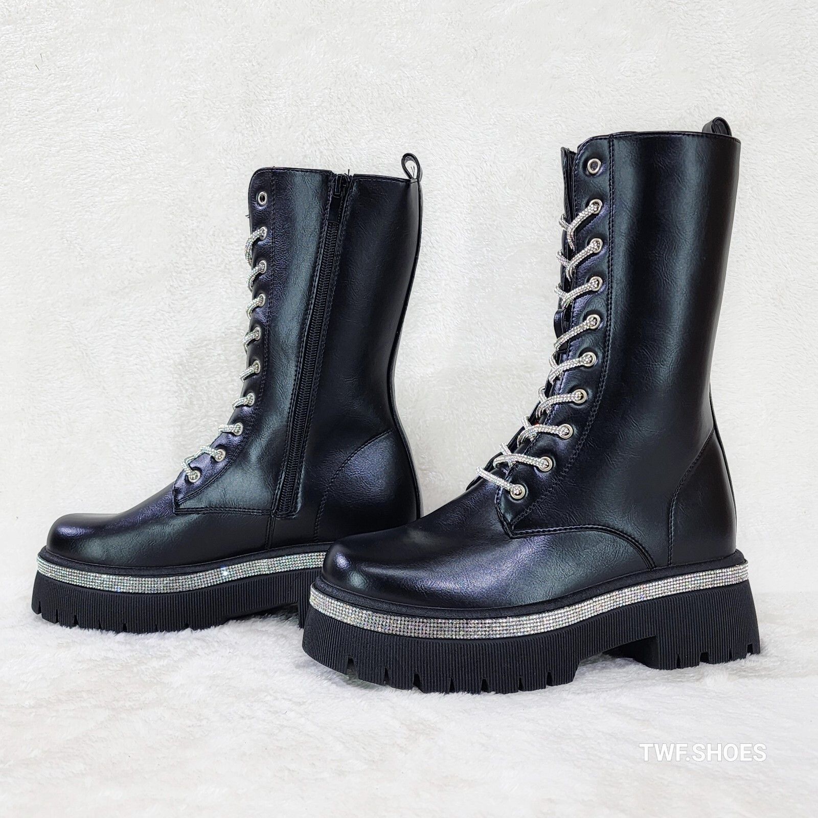 Other Combat Sparkle Mid Calf Rhinstone Platform & Laces Biker Gla Size US 6 / IT 36 - 2 Thumbnail