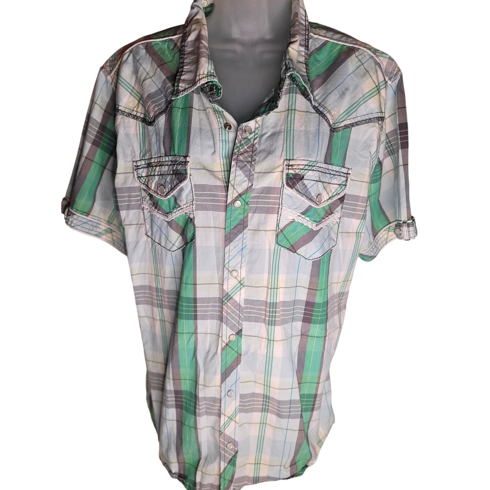 BKE BKE Mens Shirt Short Sleeve Green/Grey/White Pockets Sz XL Size US XL / EU 56 / 4 - 1 Thumbnail