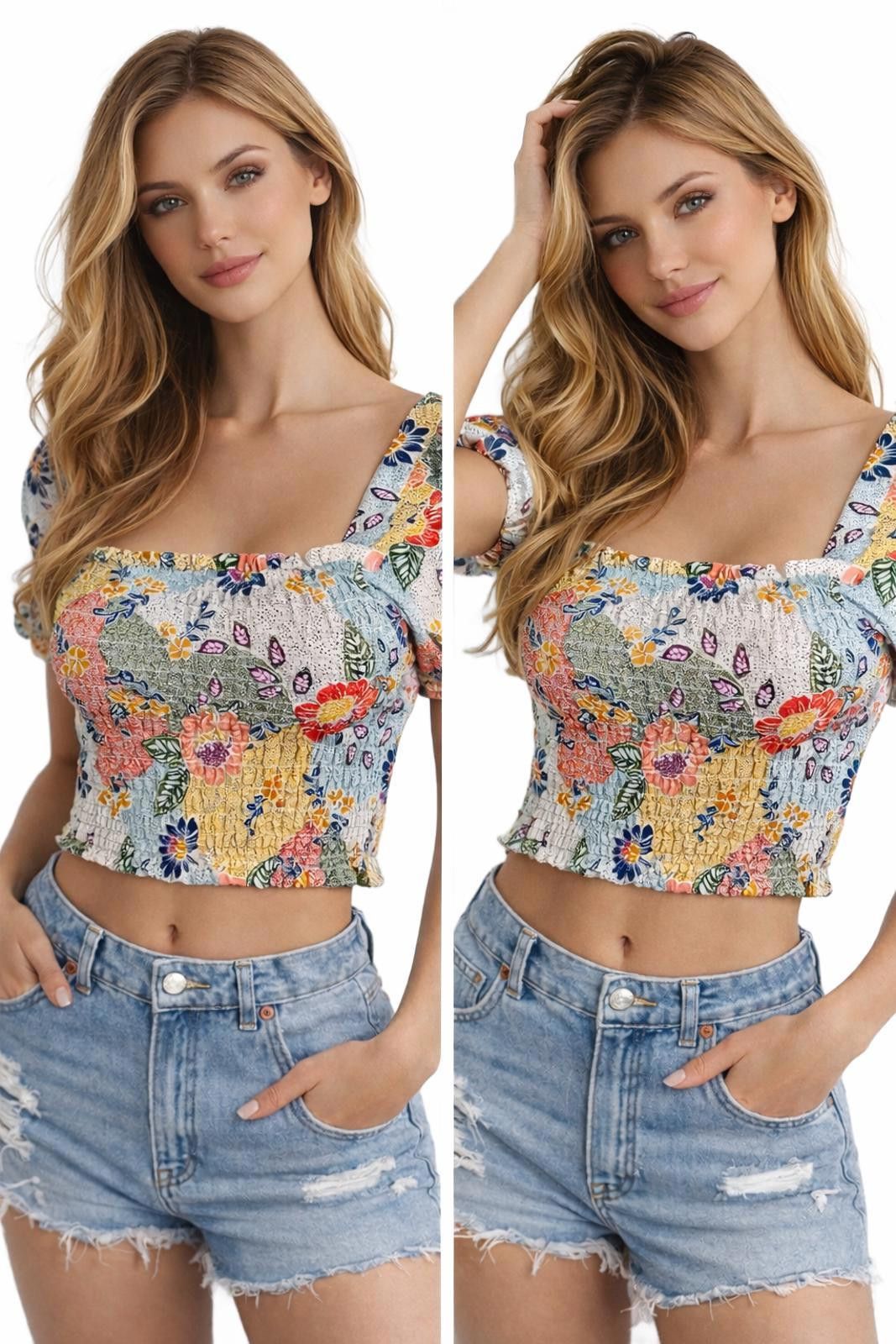 Other Floral Puff Sleeve Crop Top. Boho Chic Festival Summer \L Size 36" / US 14 / IT 50 - 1 Thumbnail