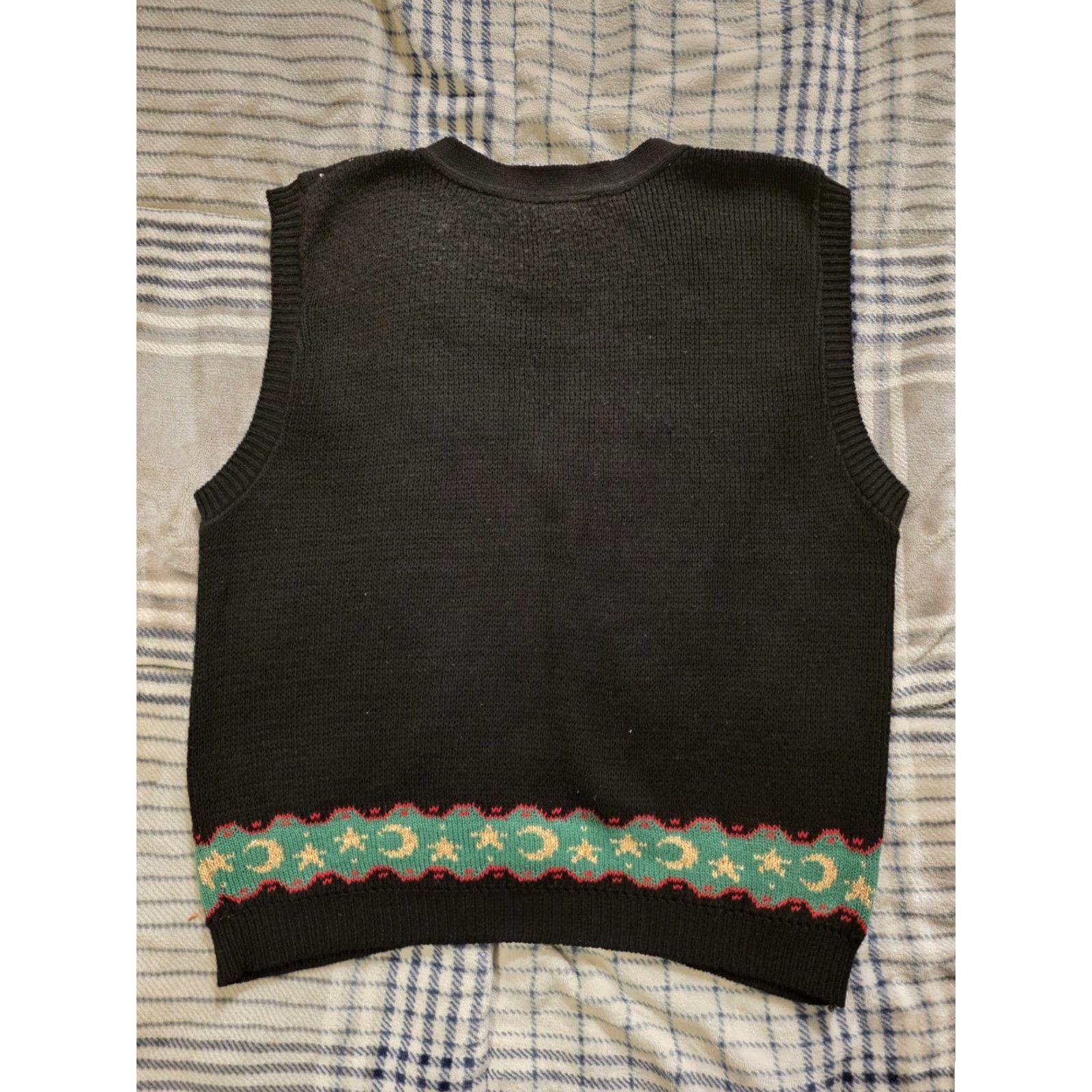 Loft VINTAGE Sweater Loft Knit Cardigan Vest Womens M Black Sleeveless V-Neck Embroidered Button Christmas 90s Religion Casual Party/Cocktail Size M / US 6-8 / IT 42-44 - 2 Thumbnail
