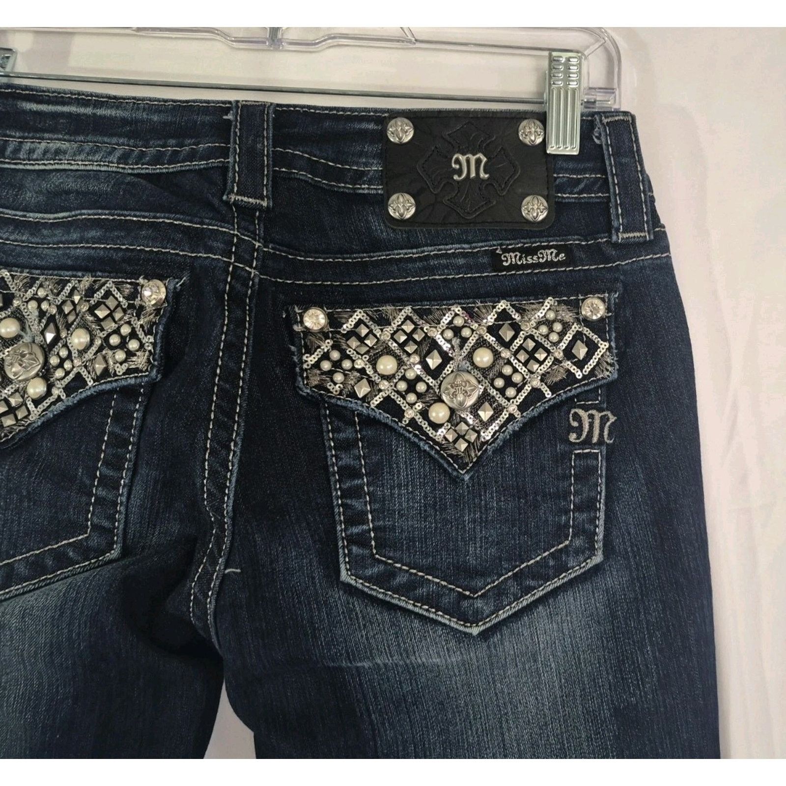 Miss Me Miss Me Signature Boot Dark Blue Rhinestone Flare Jeans 28 Size 28" / US 6 / IT 42 - 5 Thumbnail