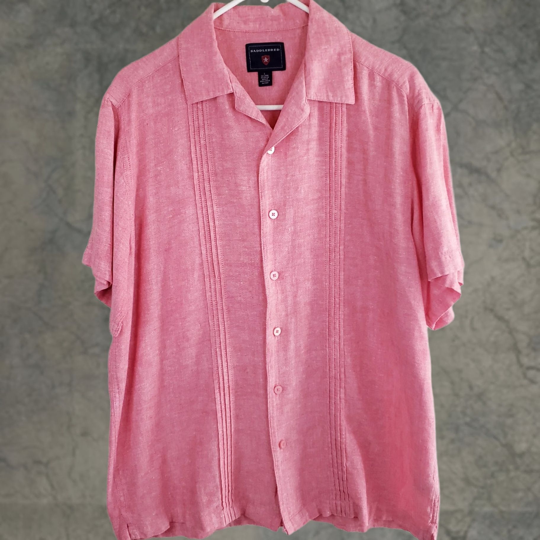 Pinko Saddlebred Shirt Mens L Button Front Classic Fit Linen Cotton Pink Short Sleeve Size US L / EU 52-54 / 3 - 1 Thumbnail