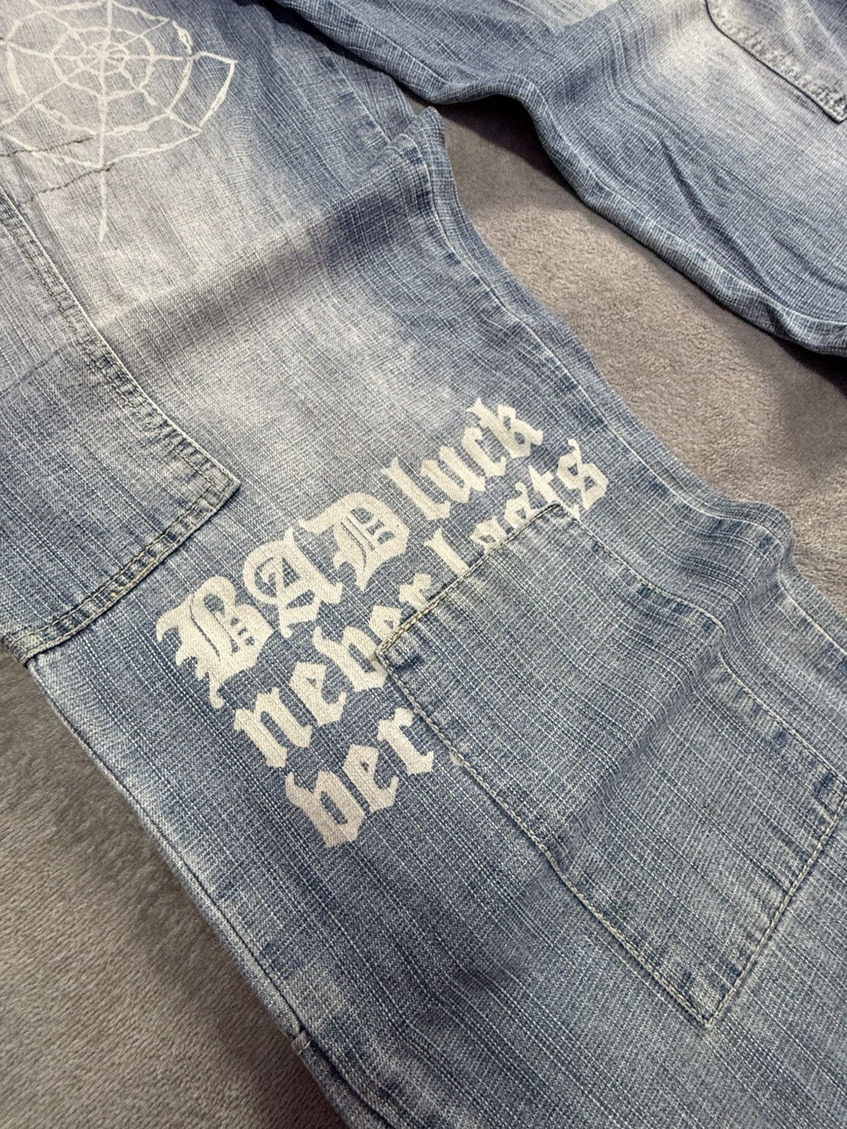 JNCO × Japanese Brand × Spyder Vintage Spider Web Poems Japanese baggy Cargo Denim Pants Size US 30 / EU 46 - 7 Thumbnail