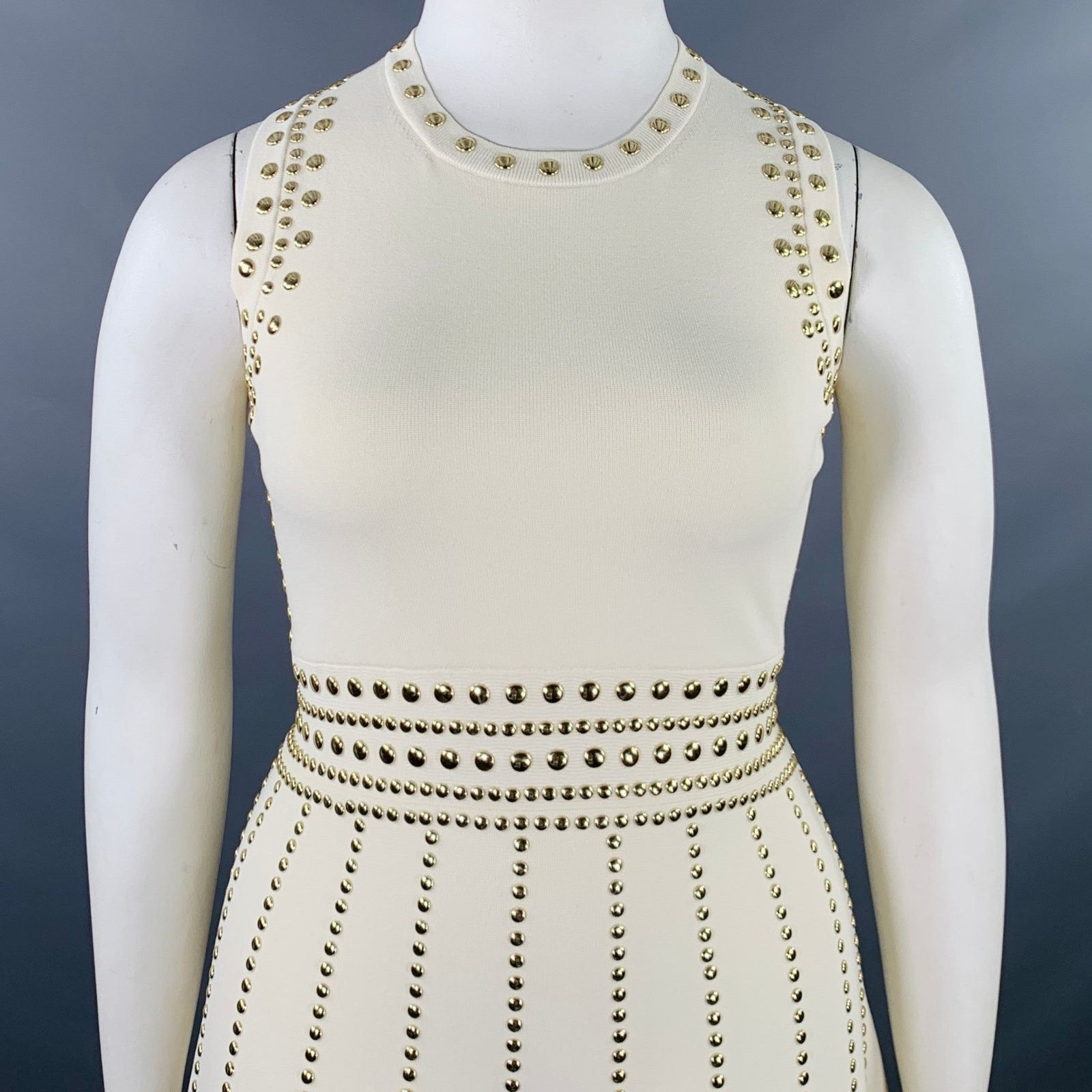 Michael Kors MICHAEL KORS Cream Gold Viscose Studded Sleeveless Dress Size L / US 10 / IT 46 - 2 Thumbnail
