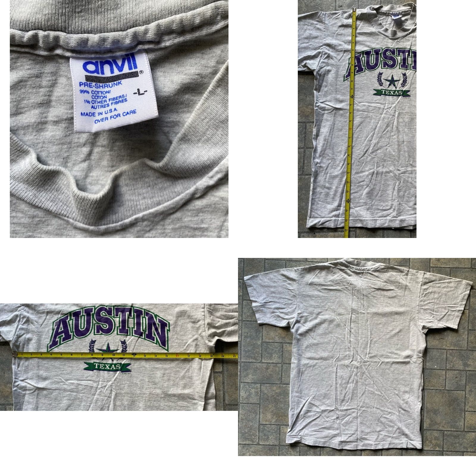 Anvil VINTAGE Anvil T-Shirt Gray Short Sleeve 1992 Men L Austin Texas Shirt Womens? No, Men. Size US L / EU 52-54 / 3 - 8 Thumbnail