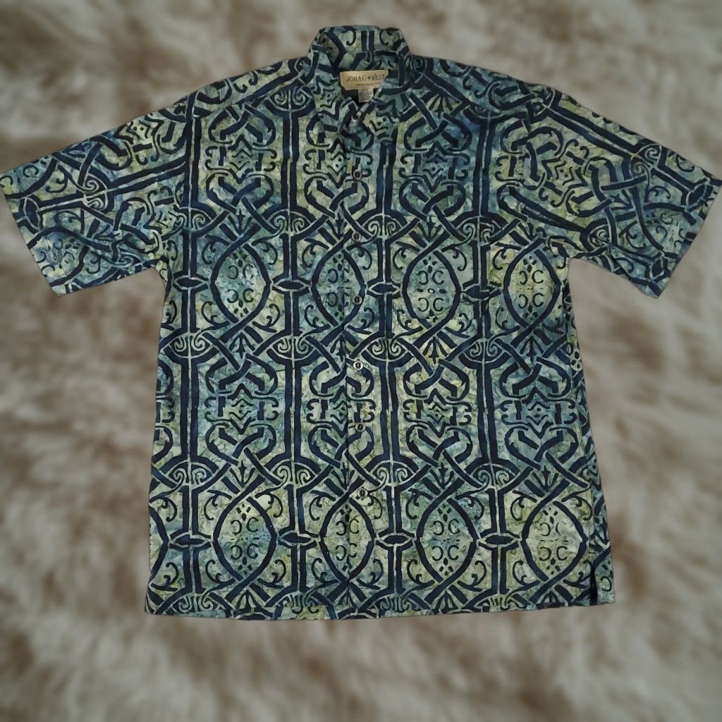 Vintage Johari West Shirt Blue Teal Large Casual Button-Up Geometric Short Sleeve Mens Size US L / EU 52-54 / 3 - 1 Thumbnail
