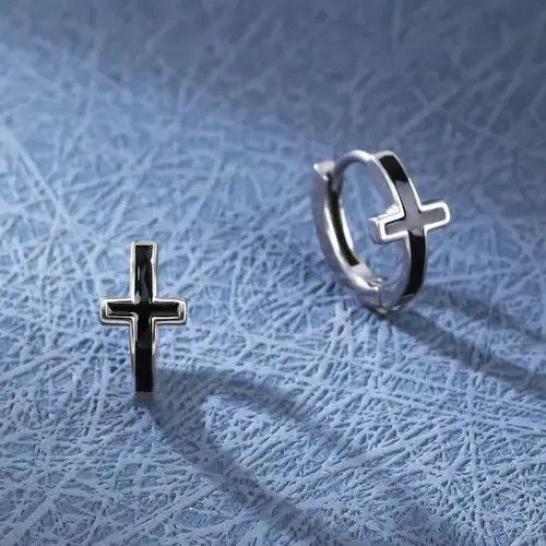 Other × Sterling Silver Cross Hoop Earrings for Men Women,Cross Earrings Size ONE SIZE - 3 Thumbnail