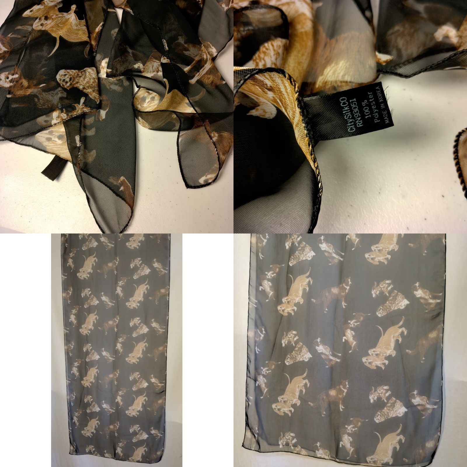 Vintage City Silk Scarf Black Sheer Polyester by City Silk Basset Hound Dogs Puppy 64" Size ONE SIZE - 8 Thumbnail