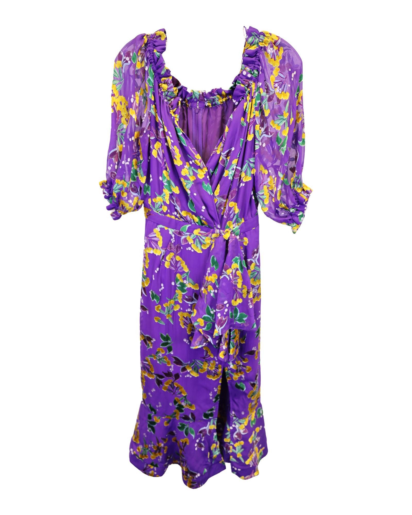 image of Saloni Wrap-Effect Midi Dress In Luxurious Purple Silk With Floral Pattern in Purple Print, Women's