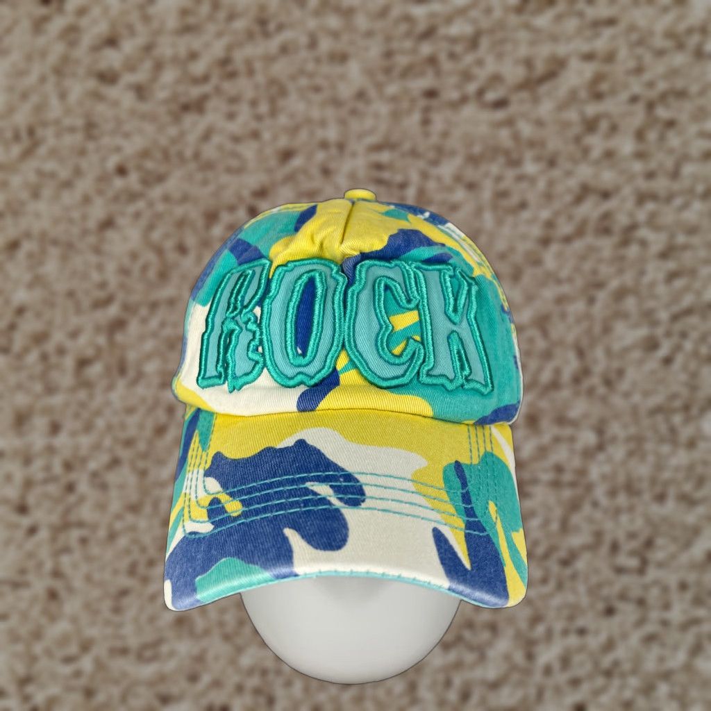 Vintage ROCK Hat Cap Strap Back Adult One Size Blue Yellow Embroidered Camo Cotton Size ONE SIZE - 1 Thumbnail