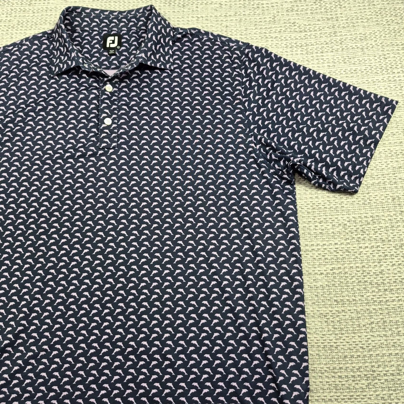 Footjoy FootJoy Polo Golf Shirt Mens XL Blue Dolphin Print Performance Stretch Knit Size US XL / EU 56 / 4 - 2 Thumbnail