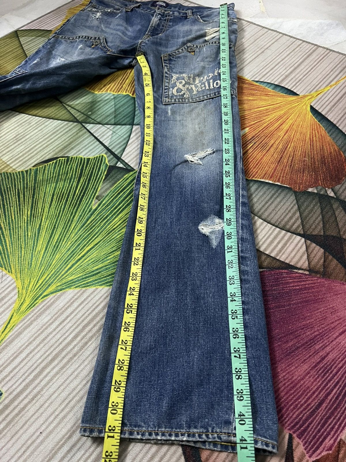 Japanese Brand 💥Twist Leg💥Purple & Yellow Distress Backle Back Flare Jean Size US 31 - 4 Thumbnail