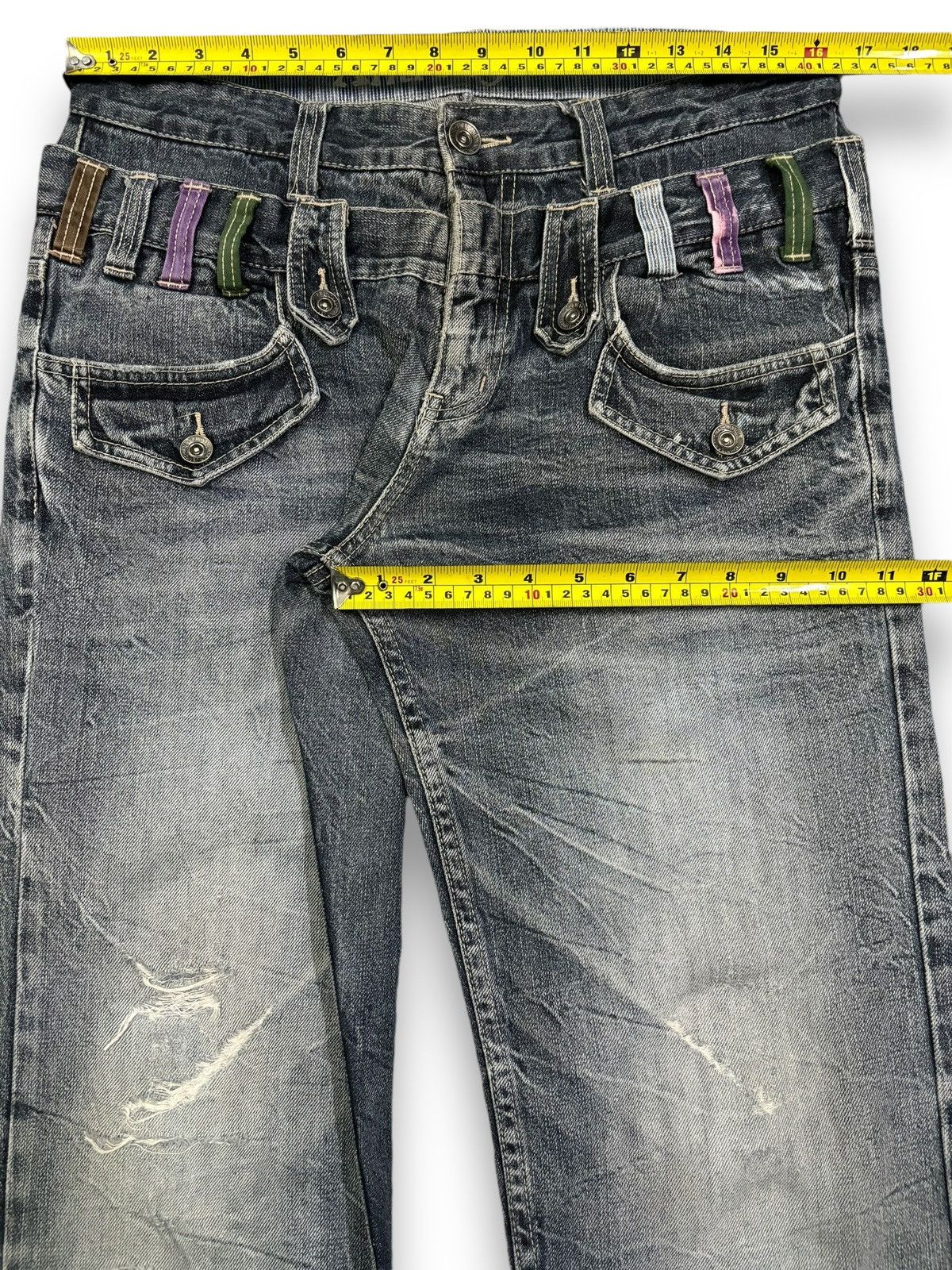 14th Addiction Japanese Brand Double Waist Cracked Wash Loose Ripped Jeans Size US 33 - 17 Thumbnail