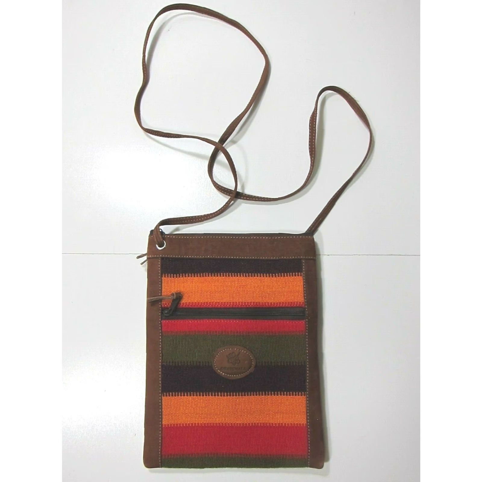 Vintage Guatemala Brown Leather Green Purple Orange Red Textile Crossbody Travel Purse - like new condition - 24" strap drop - 7" width - 9 2/8" depth Size ONE SIZE - 4 Thumbnail