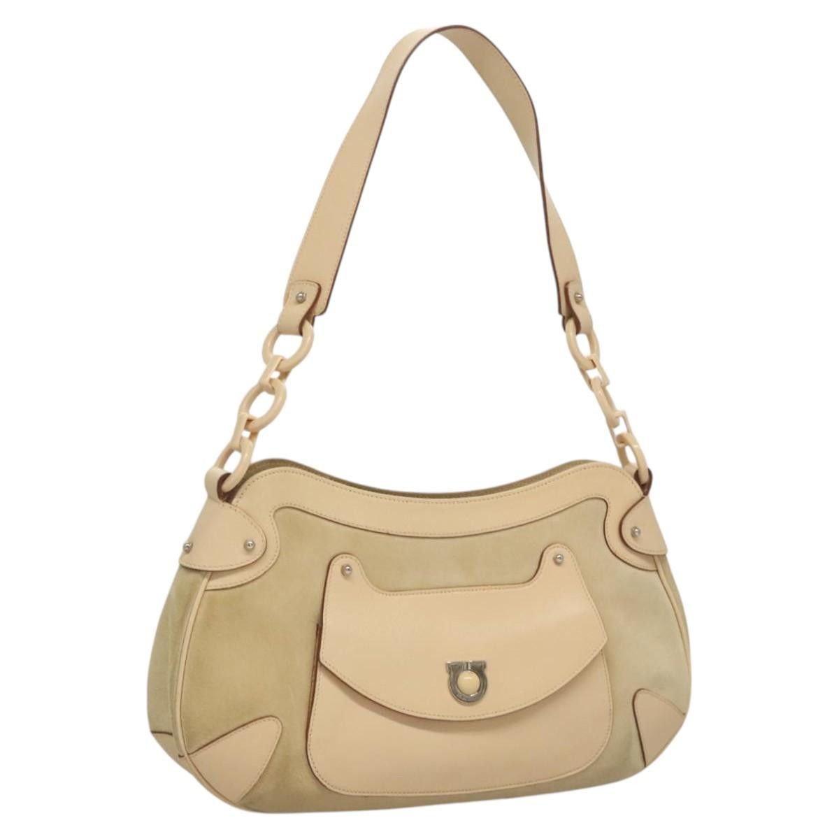 Salvatore Ferragamo Gancini Shoulder Bag Suede Leather Beige Silver Auth Ba1415 in Beige/Silver, Women's
